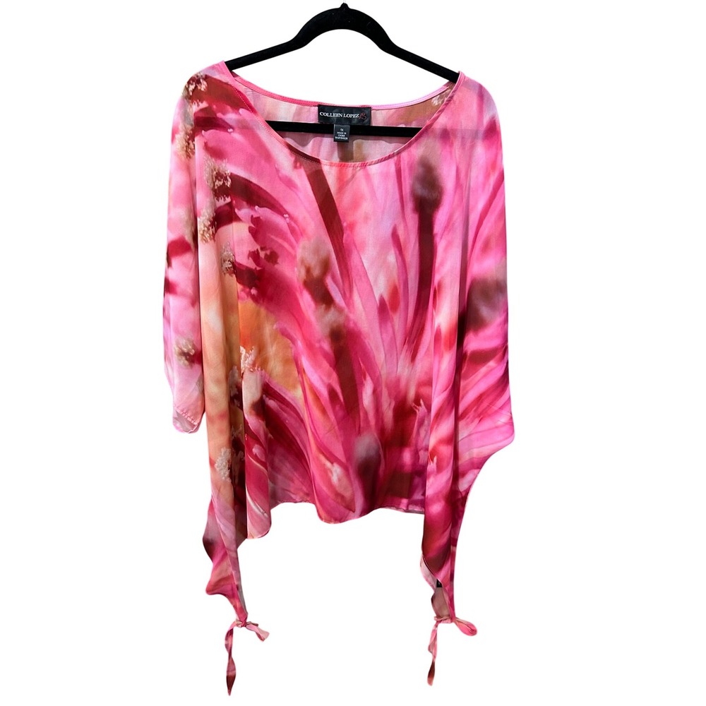 Colleen Lopez Pink Floral Chiffon Poncho Top Tie Hem Sheer Blouse Womens 1X